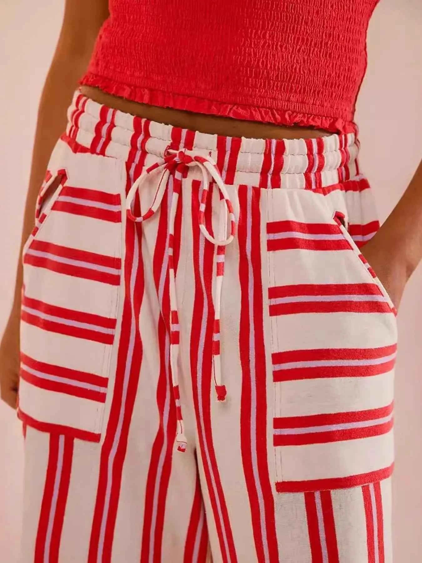 Striped Wide-Leg Drawstring Pants