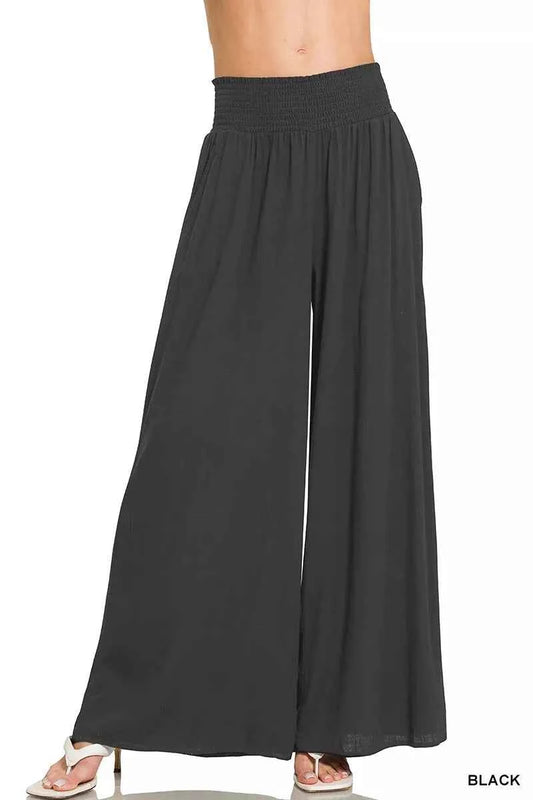 Zenana Smocked Waistband Wide Leg Lounge Pants BLACK 40e5739d849d4e2f8f3330770a7b0795-Max-Origin