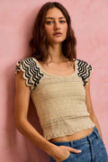 SO ME Wavy Textured Knit Top With Fluttered Sleeves OATMEAL BLACK 40e9721e78454925bc7fc0d8bad767db-Max