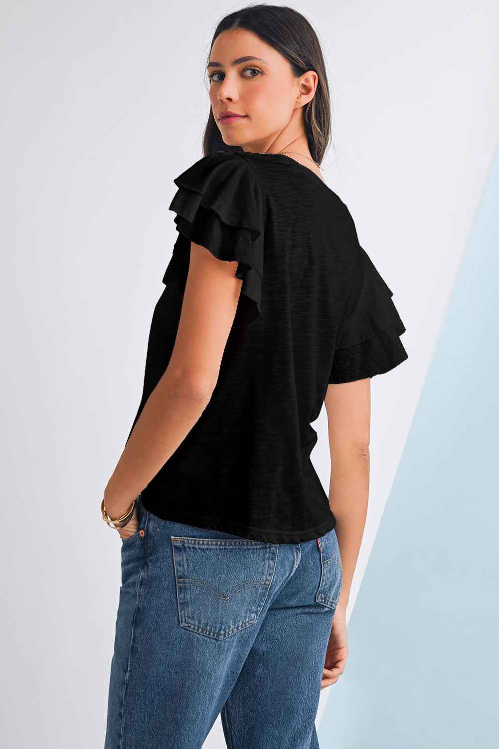 Dark Grey Ruffle Sleeve Plain Blouse 40e9fcc1a379aee9