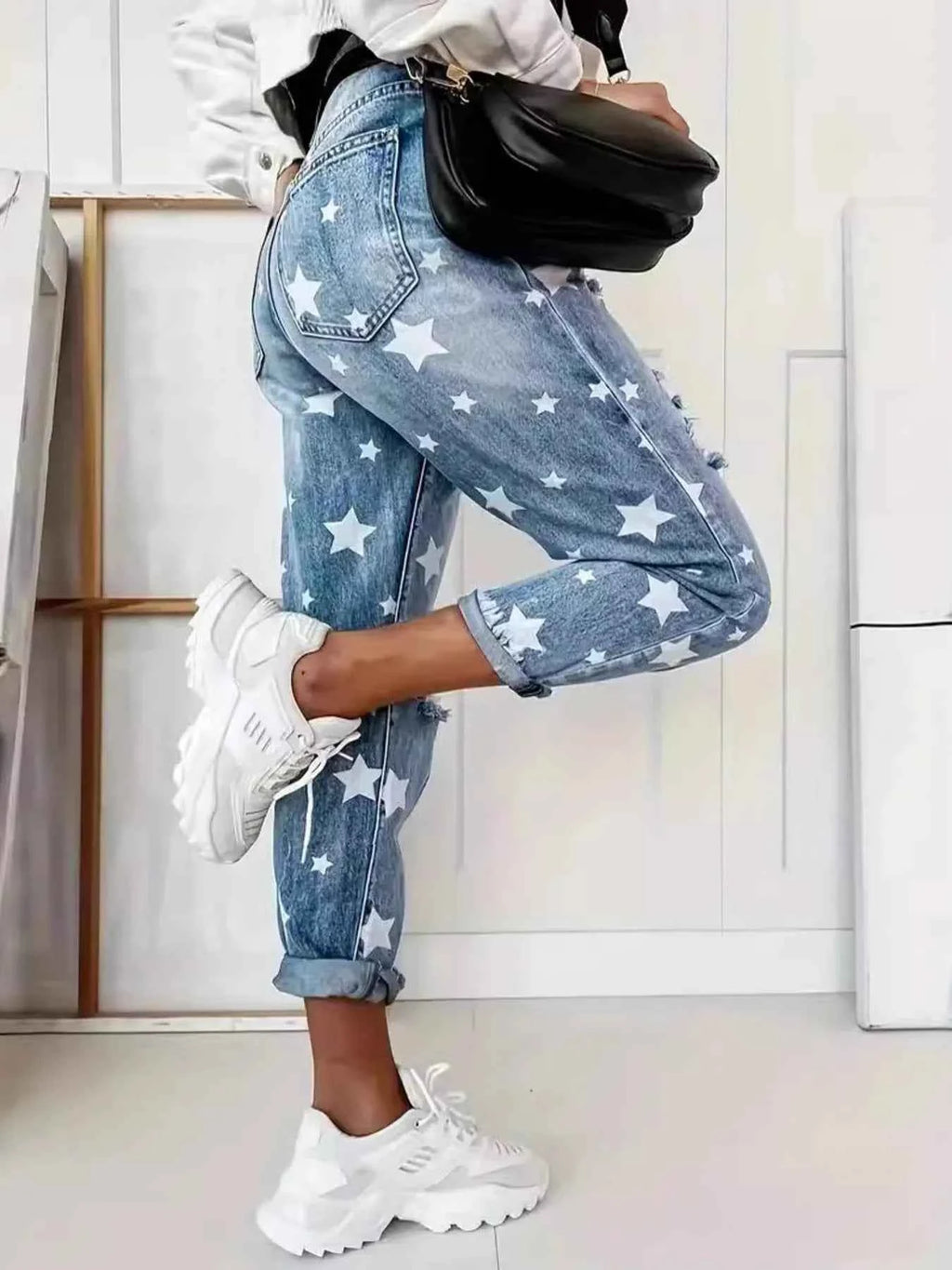 Star Print Distressed High Waist Boyfriend Jeans 40f21b19514040a9ab5a5c2399565225-Max-Origin