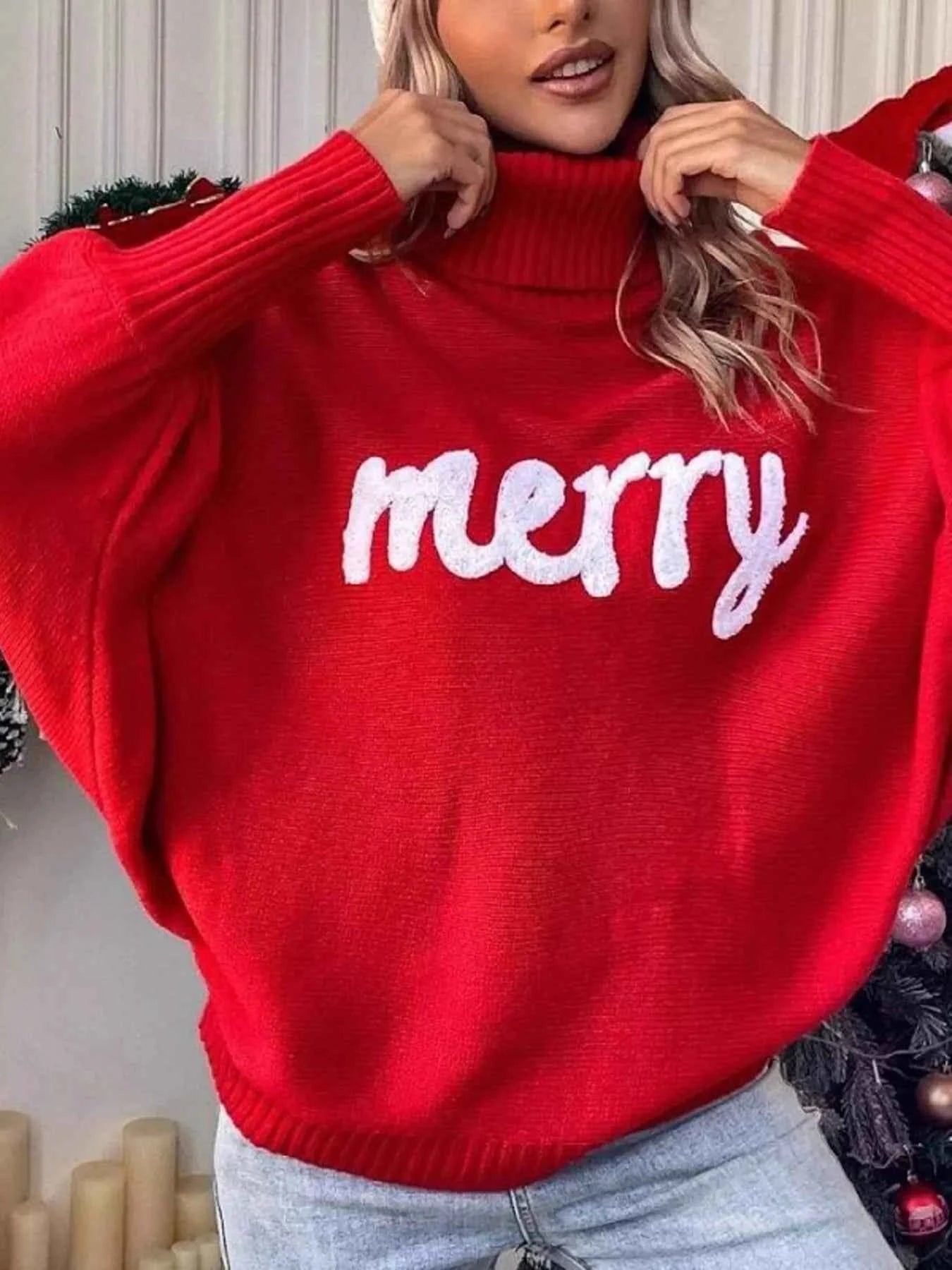 Merry Turtleneck Long Sleeve Christmas Sweater Red 40fd4811271d47218fc46c733ca348af-Max-Origin