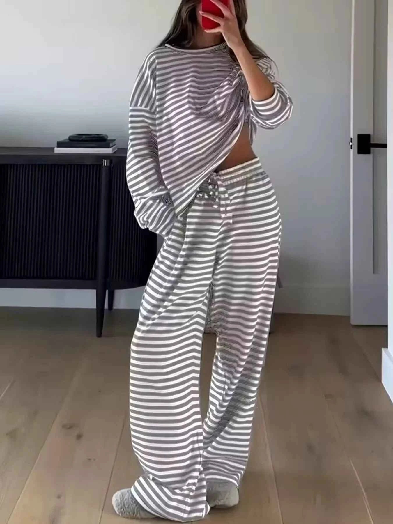 Striped Long Sleeve Top and Pants Set Gray 41006729dd4941e2904373af4b16c54b-Max-Origin