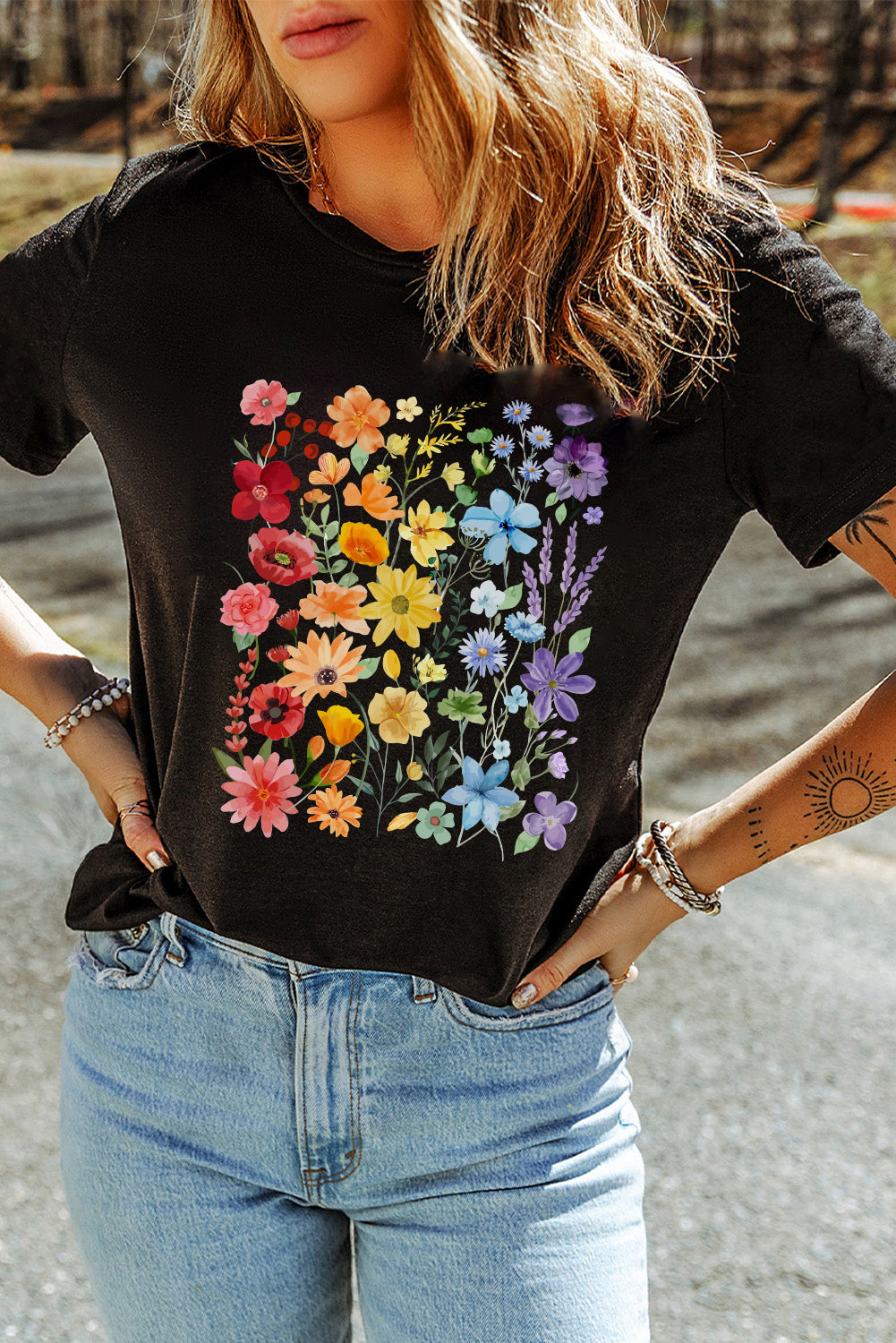 Black Flower Print Cotton Blend Casual Tee 4103087a4349eb49