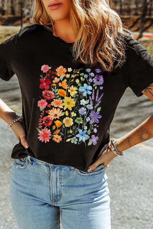 Black Flower Print Cotton Blend Casual Tee 4103087a4349eb49