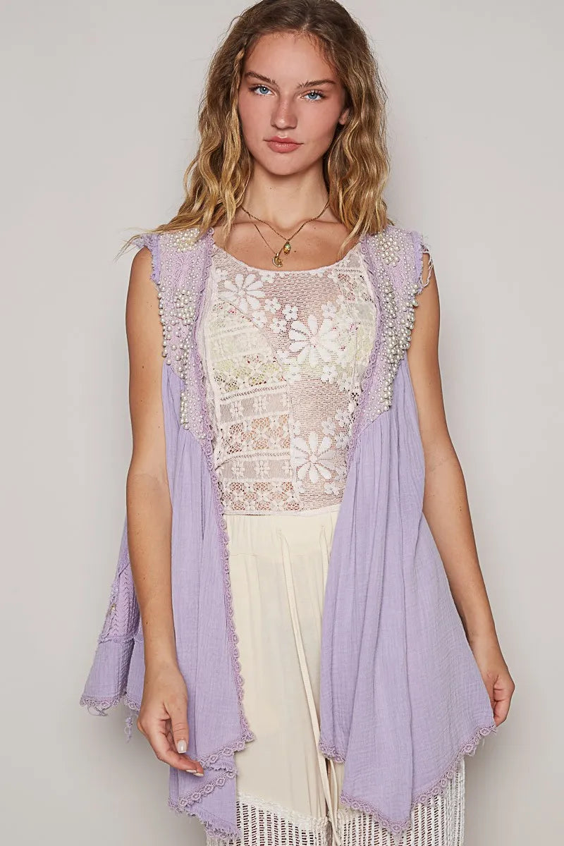 POL Embroidered Pearls Open Front Sleeveless Cardigan 41059737-91e5-46ce-9cf9-7d1ec239121c-Max