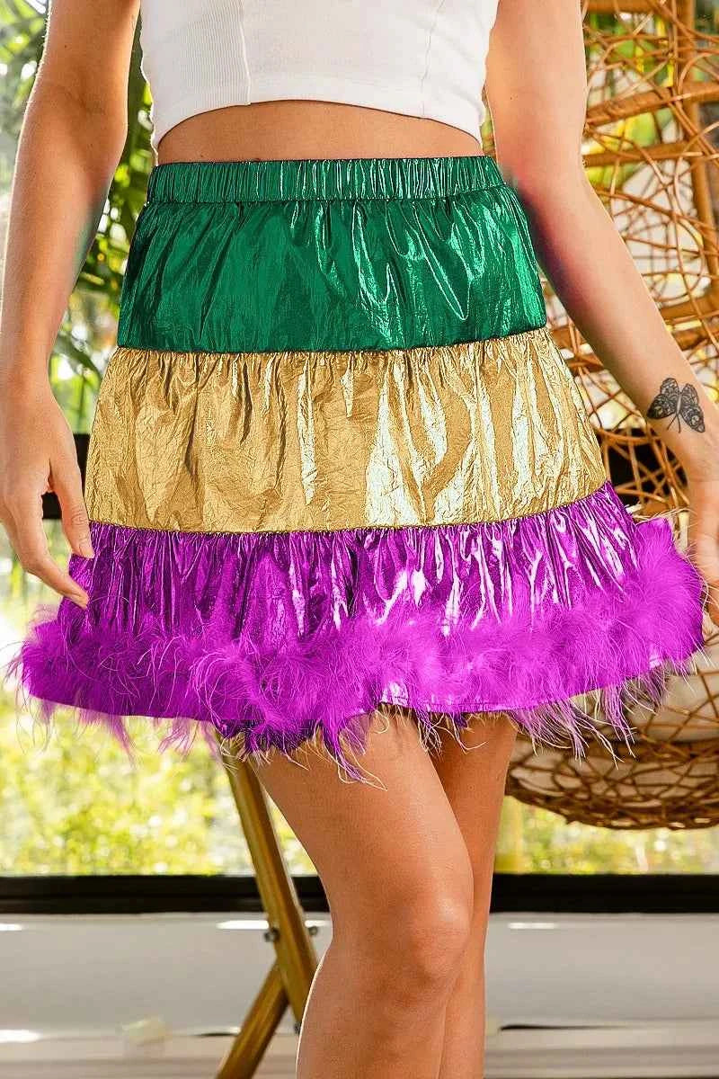 BiBi Faux Feather Hem Mardi Gras Metalic Mini Skirt GREEN MUSTARD PURPLE 4108a5b8673e41cda2da601d2153c1ca-Max-Origin