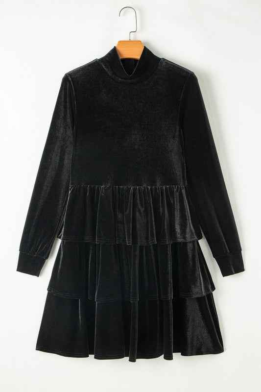 Velvet High Neck Tiered Ruffle Mini Dress 410930fb-9e18-4b3f-b8c2-ab6af130f8ce
