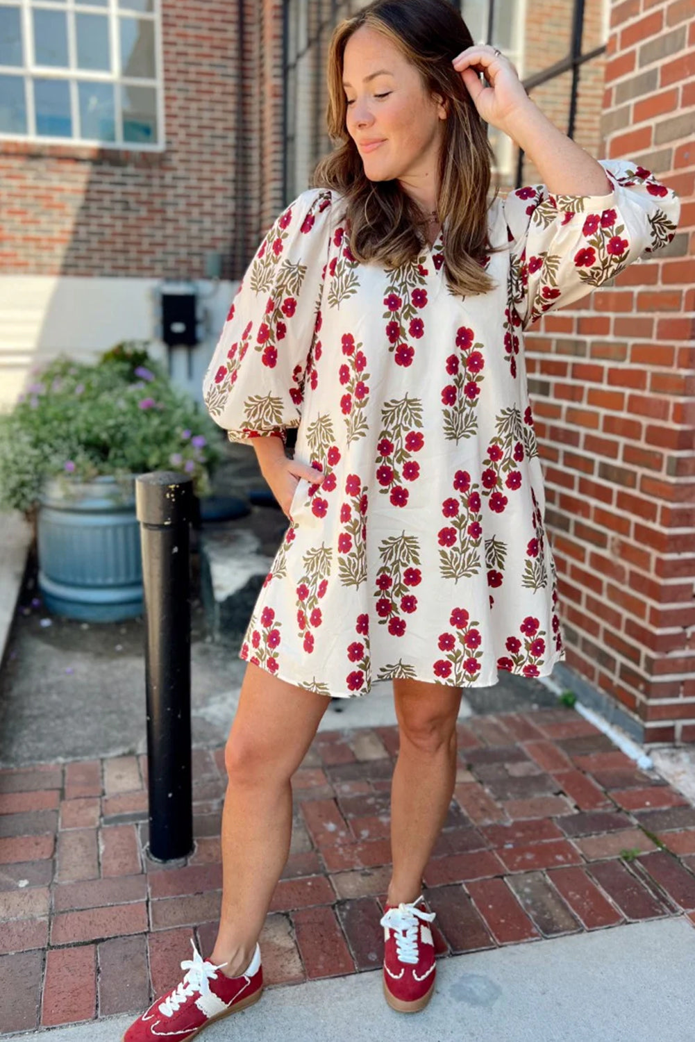 White Floral Print V Neck 3/4 Sleeve Loose Mini Dress 410ac19ce906be8c