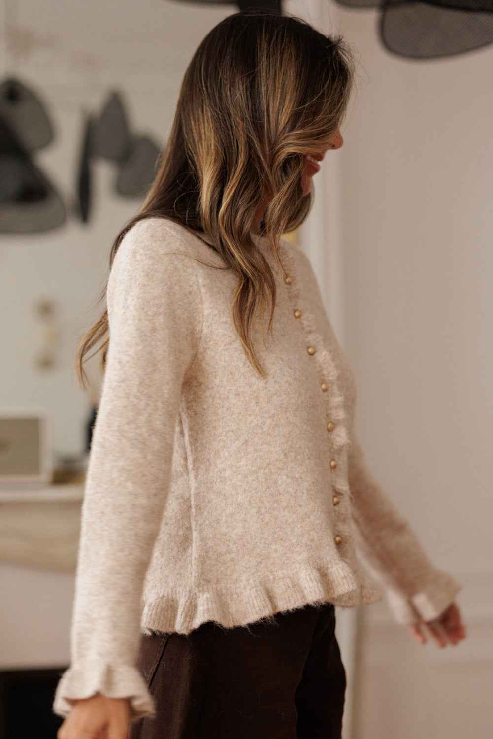 Oatmeal Ruffle Trim Gold Button Sweater Cardigan 410c366b2dae3184