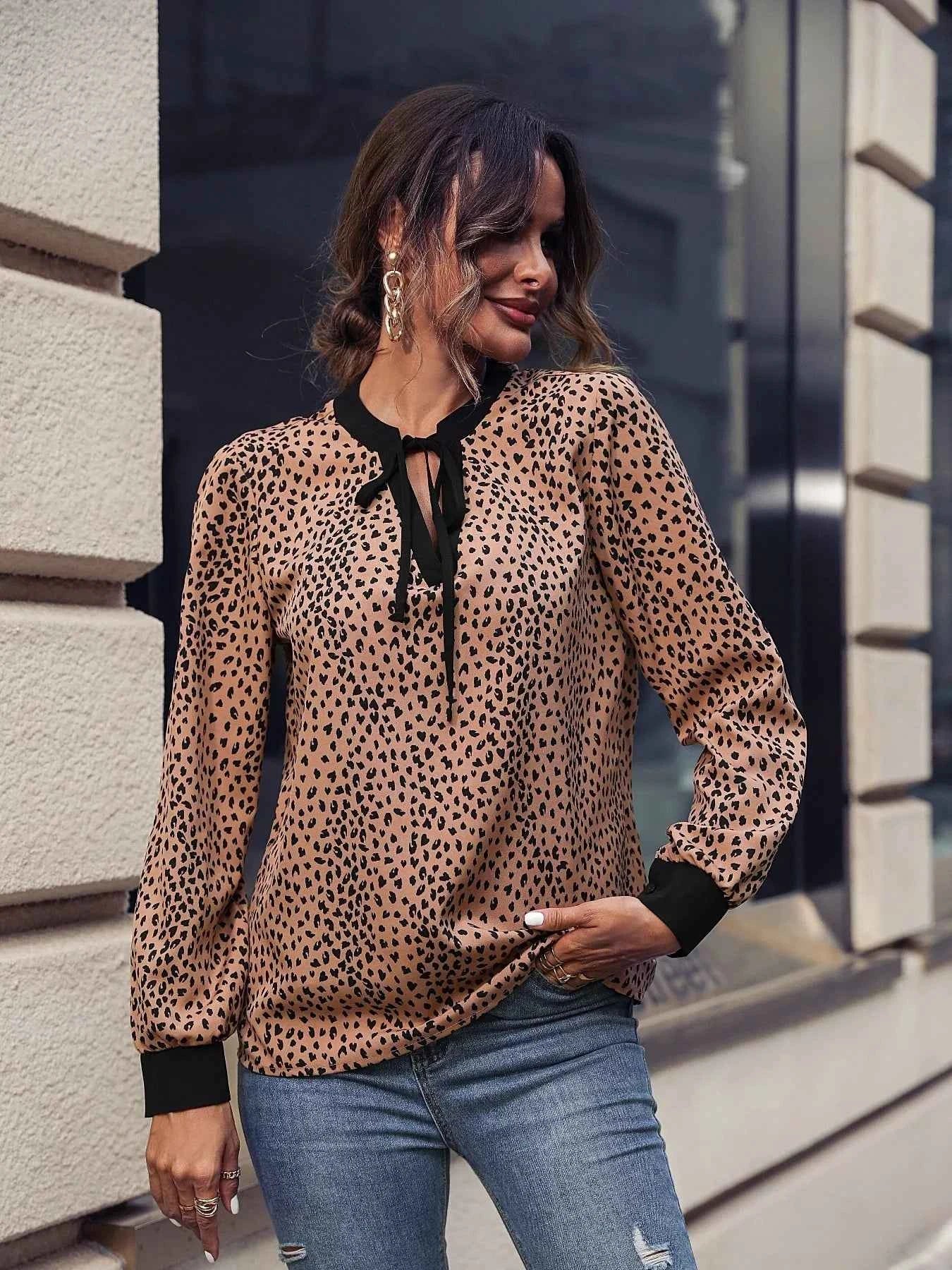 Animal Print Contrast Trim Tie Front Blouse 411414f2-aaee-4a2b-9ead-07483c04eef4-Max-Origin