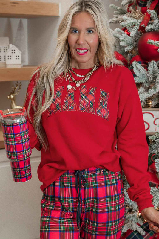 Red Plaid MAMA Graphic Christmas Holiday Crewneck Pullover and Pants Lounge Set 4115260a6c650c12