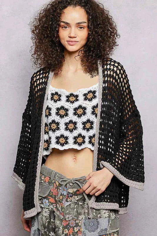 POL Open Front Openwork Cardigan with Contrast Trim BLACK 41281236-8d92-4f1a-999f-83fa4fe0f7f4-Max-Origin