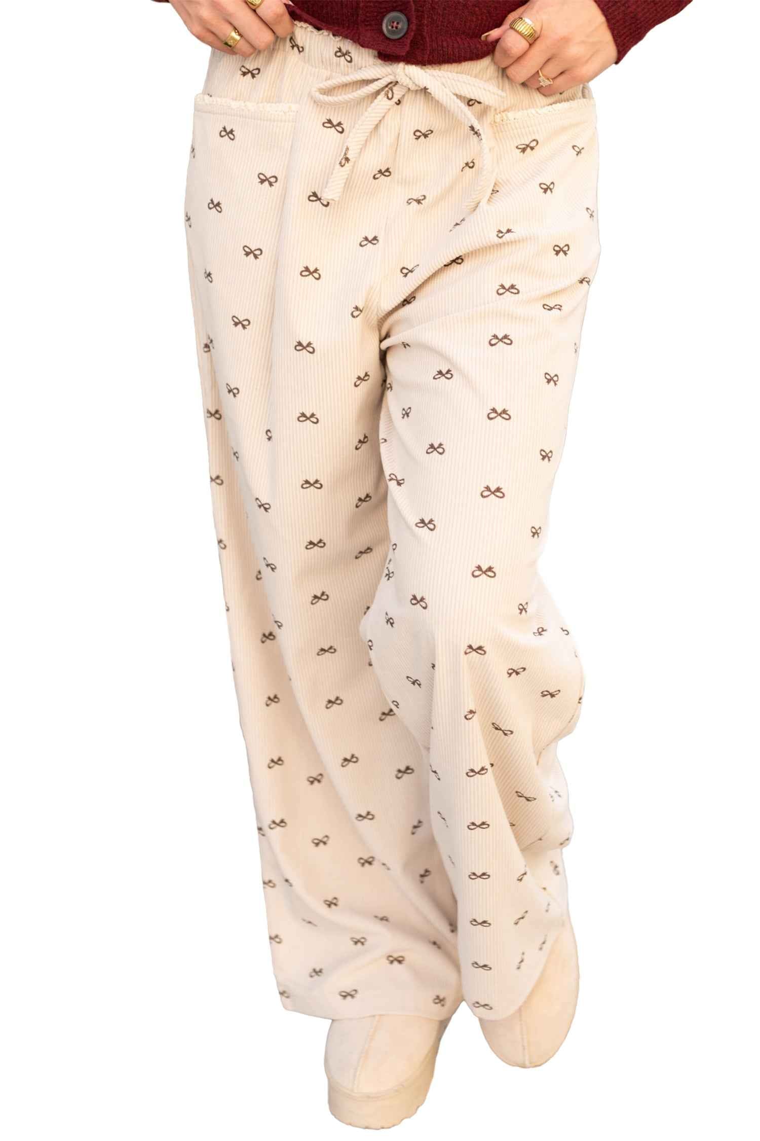Apricot Bow Print Drawstring Elastic Waist Loose Corduroy Pants 4128167dcad1fabf