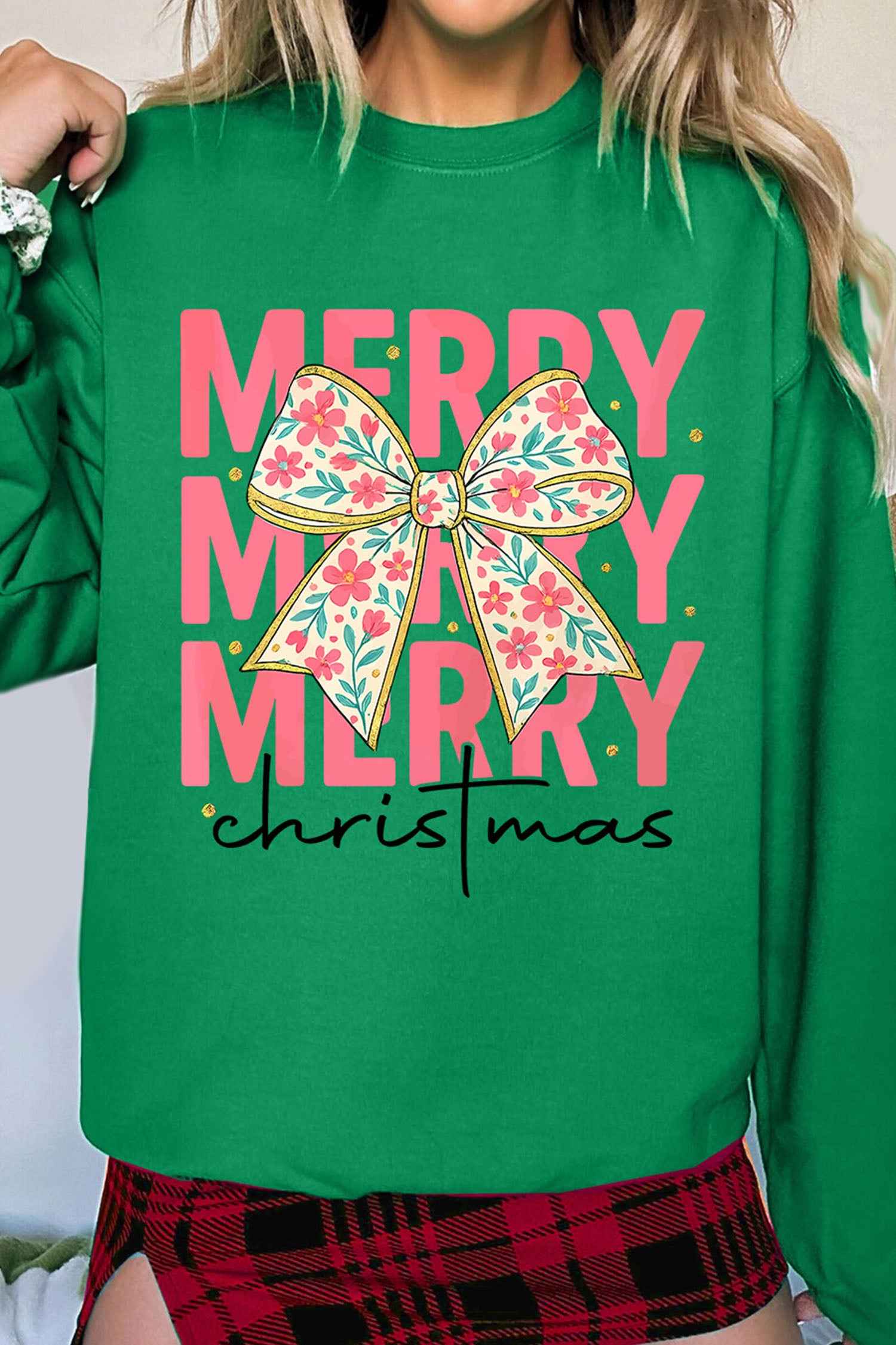 Dark Green MERRY Christmas Floral Bow Graphic Drop Shoulder Sweatshirt 412e9ba81450a934