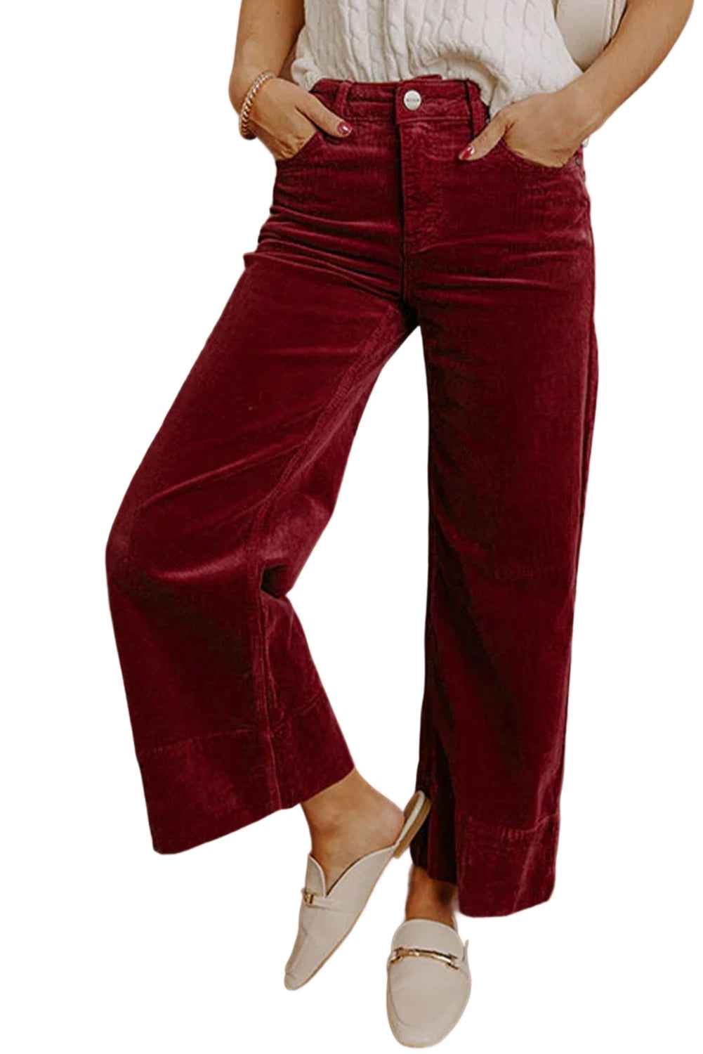 Burgundy Corduroy Solid Color High Waist Wide Leg Pants 412efebd4a5b0699
