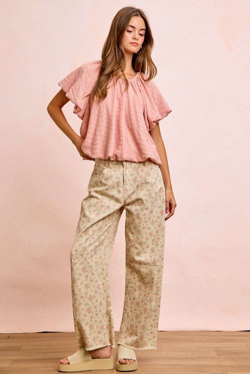BiBi Stripes Textured Shirred Neckline Bubble Hem Top 4136cee7339441a5a9d97b7275576ffc-Max