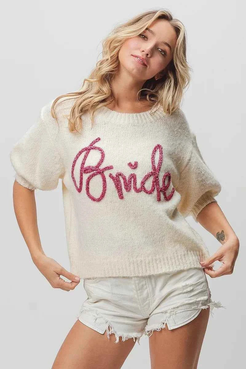 BiBi Metallic Letter Short Puff Sleeve Hairy Sweater 41388464d09745a7b290cf64fd29707d-Max-Origin