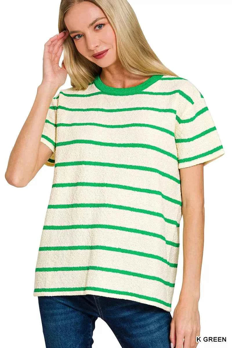 Zenana Textured Striped Crew Neck T-Shirt K GREEN 4139d5a4653f4b019838a59084159fb8-Max-Origin
