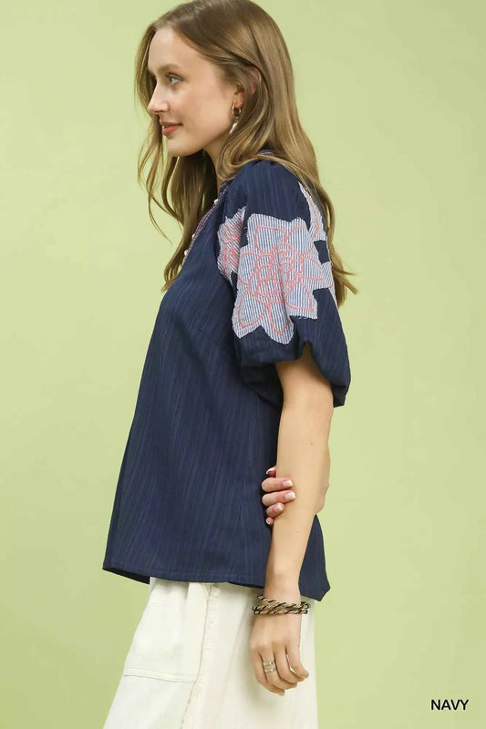 Umgee Embroidered Balloon Sleeve Notch Neck Blouse 414415d0-b040-4791-b7fd-3a47ce8aabc3-Max-Origin