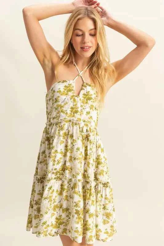 HYFVE Floral Print Halter Neck Tiered Mini Dress Yellow-Green 414839ad-dfbf-40fd-bd42-61c831f50635-Max-Origin