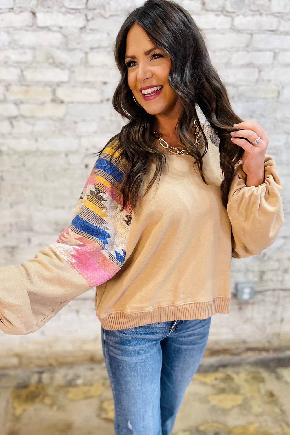 Light French Beige Geometric Patchwork Raglan Sleeve Pullover Sweatshirt 4150eb858516052c
