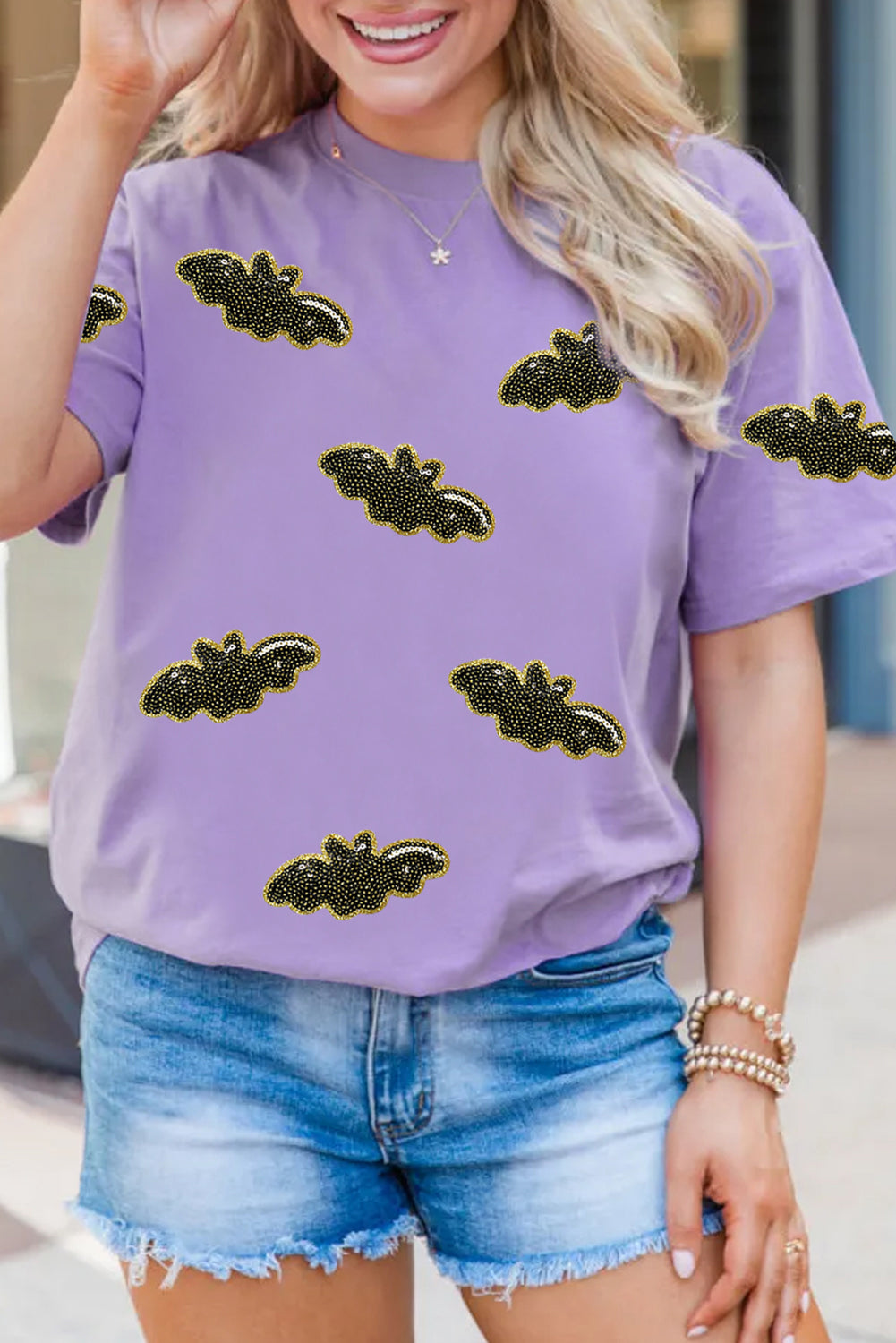 Wisteria Sequin Halloween Bat Patched Casual T Shirt 415491c142f977bb