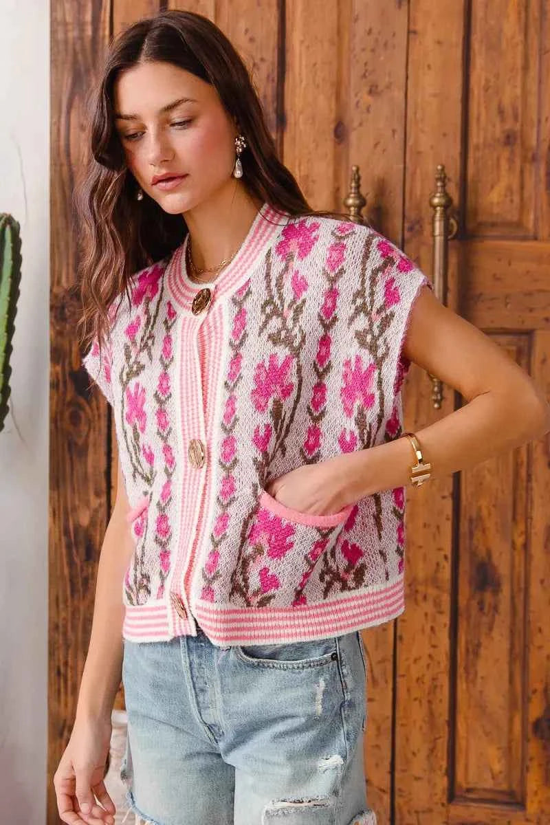 SO ME Button Front Floral and Stripe Knitted Sweater Vest 415563c9606146a180c9dbc62a8f85ef-Max-Origin