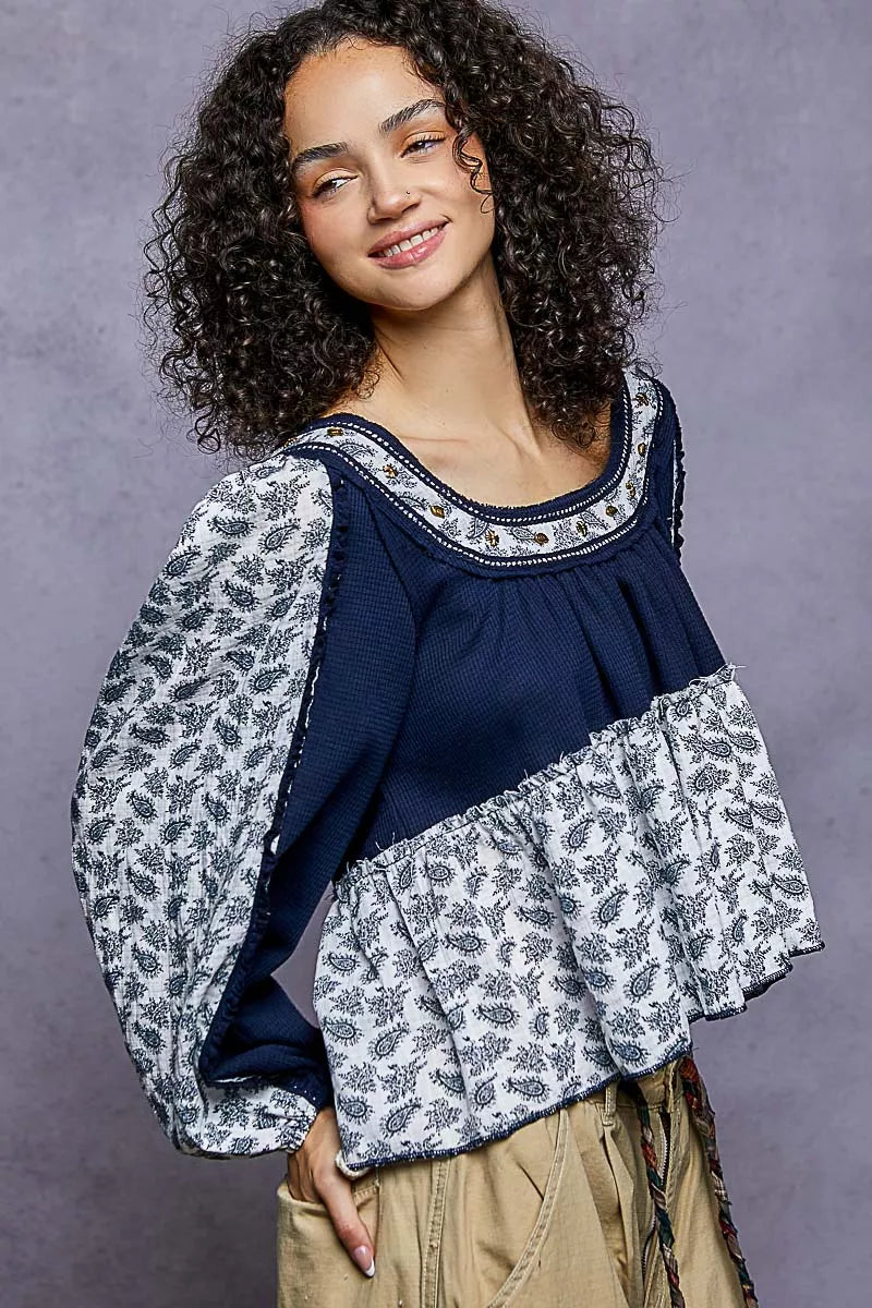 POL Paisley Scoop Neck Balloon Sleeve Cropped Blouse with Stud Detail 4159255a-51a6-49f3-8370-0b6f1d396c91-Max-Origin