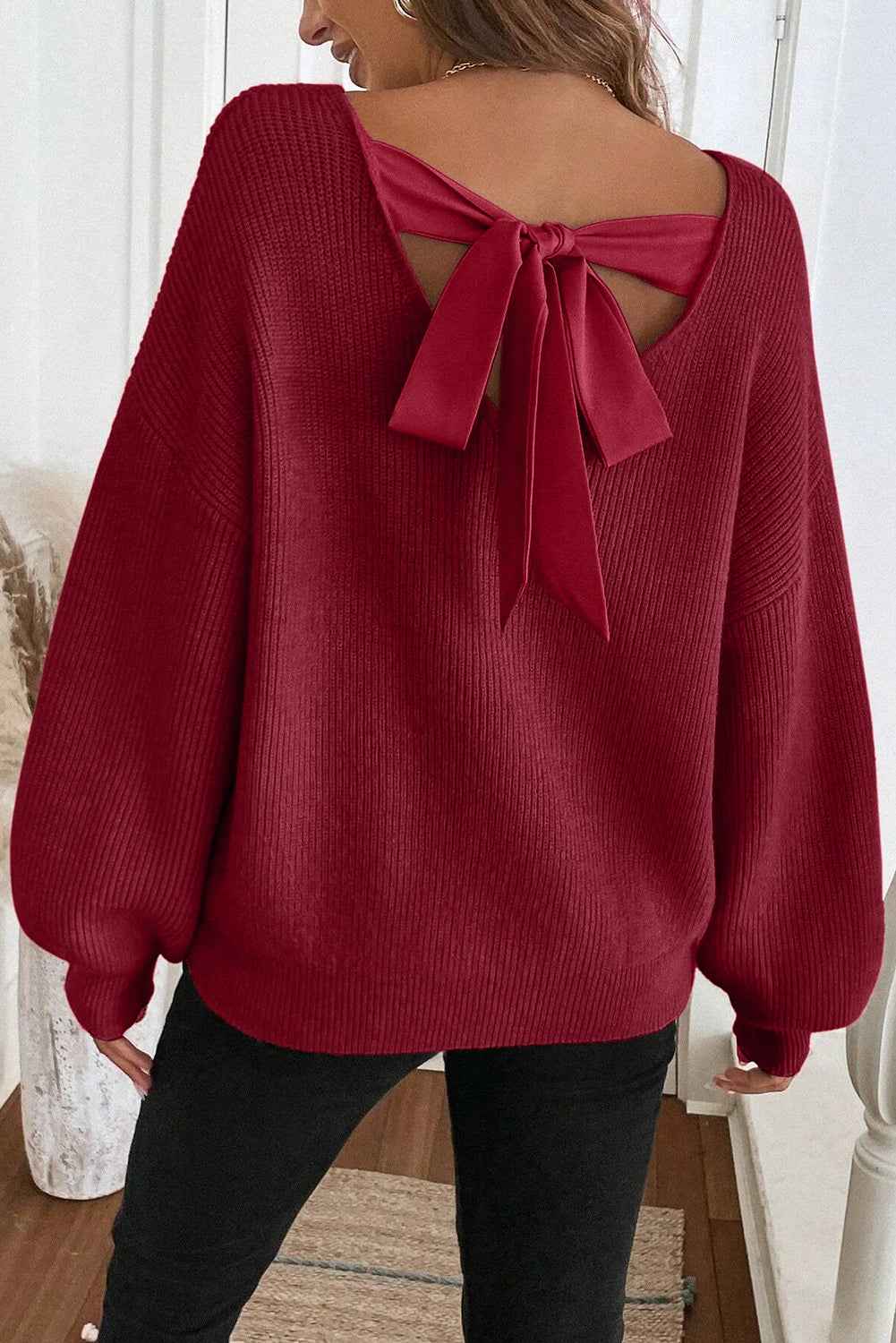 Red Dahlia Ribbed Knit Ribbon Knot Backless Drop Shoulder Sweater Red Dahlia 52%Viscose+26%Polyester+22%Polyamide 415a19170df71e46