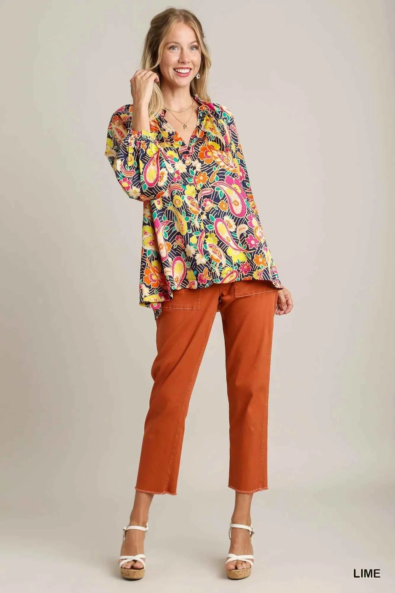 Umgee Full Size Satin Paisley Ruffle Neck Button-Up Shirt Plus Size 4162760d-c354-4f18-ae3c-582bff06aa5e-Max-Origin
