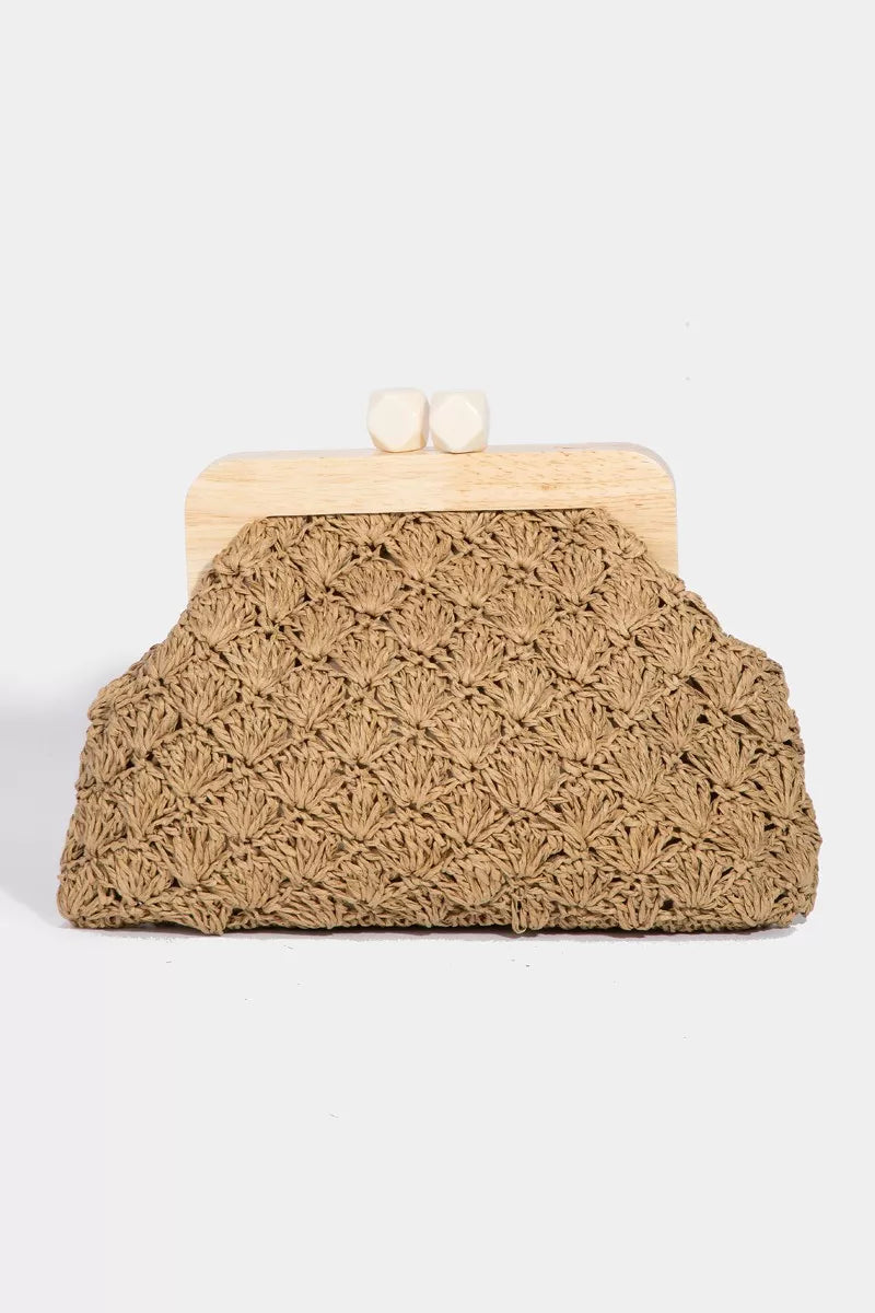 Fame Straw Braided Wooden Frame Cluch Bag KA One Size 41634aee-23ec-4d44-a6ea-be7ec383175b-Max-Origin