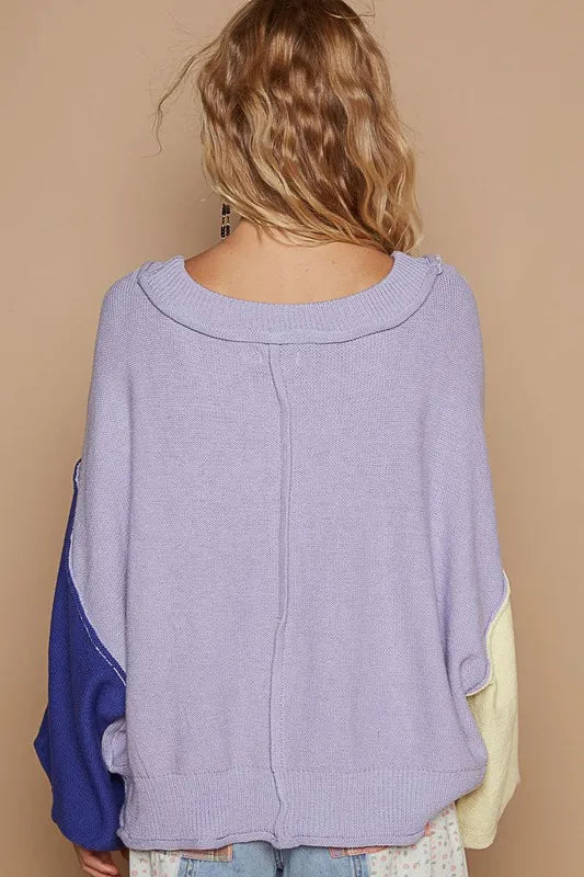 POL Exposed Seam Contrast V-Neck Lantern Sleeve Sweater 4164205f-55b7-46eb-83f1-5e4fcbe42889-Max