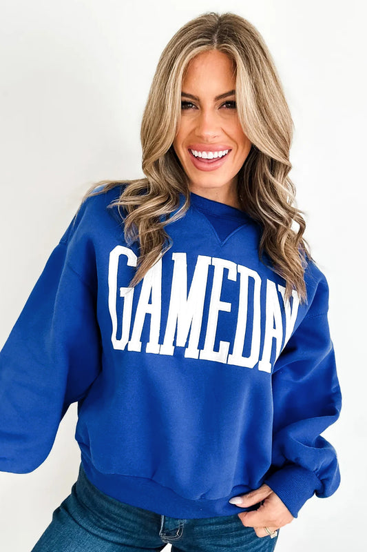 Sky Blue GAMEDAY Embroidered Patch Pattern Casual Shift Sweatshirt 4172b95ffa0a7185