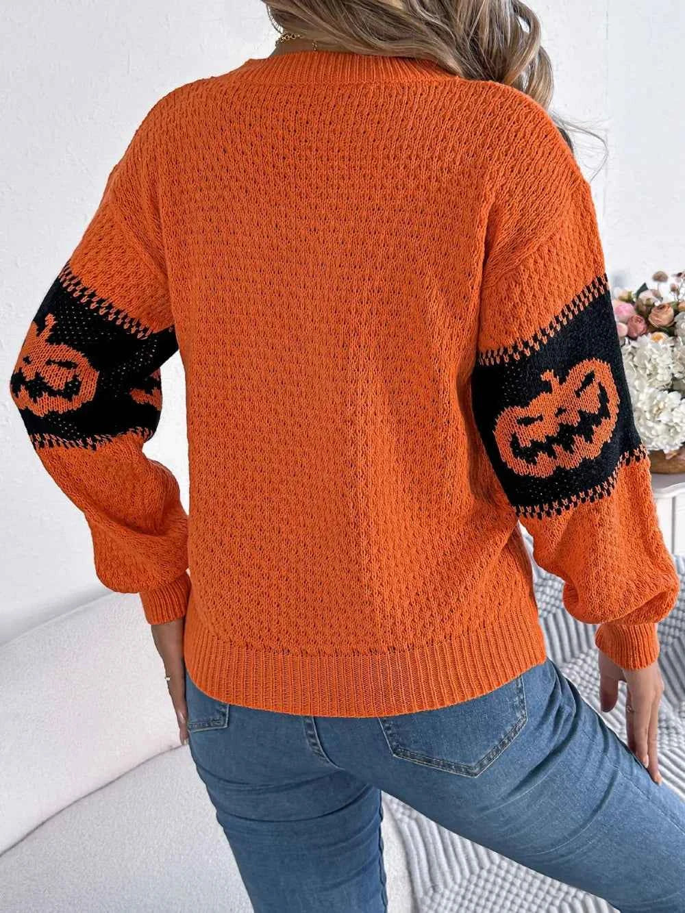 Pumpkin Round Neck Long Sleeve Sweater 417410c8-74f2-44e1-b2b0-a323145b1e3a-Max