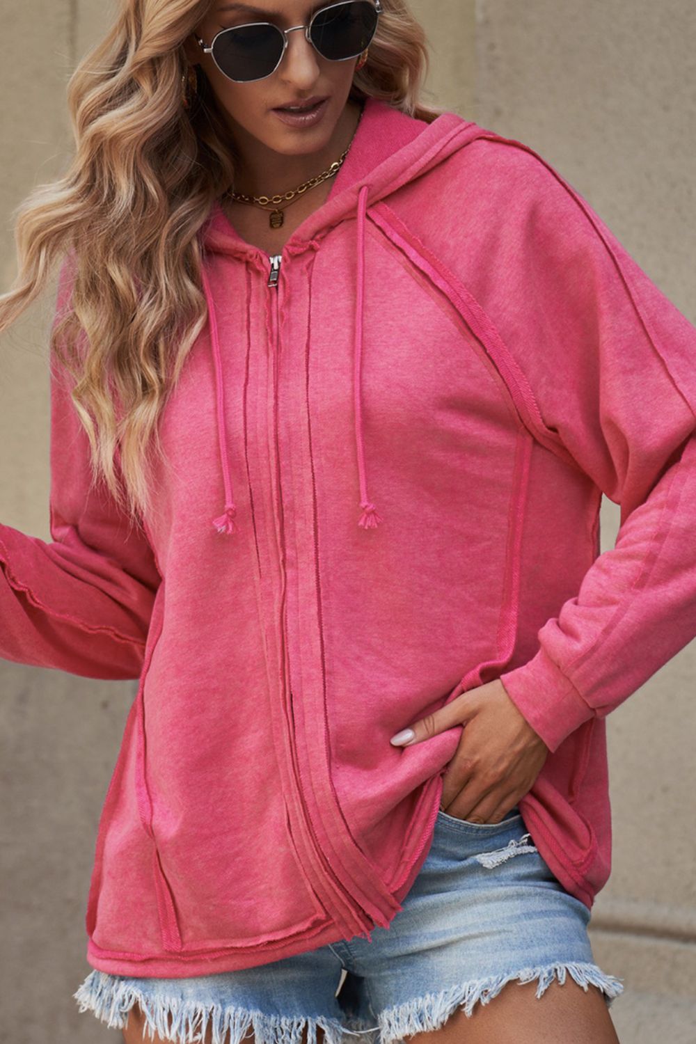 Exposed Seam Zip Up Long Sleeve Drawstring Hoodie