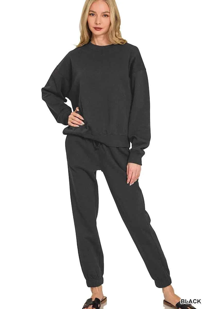 Zenana Fleece Long Sleeve Pullover & Jogger Set BLACK 417e2eea89d64bfba96cee3635211fcf-Max-Origin