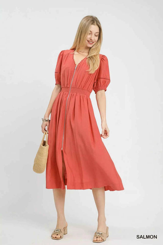Umgee Zip-Front Smocked Waist Midi Dress 41802292-eff1-499f-9af2-a98864d34c25-Max-Origin