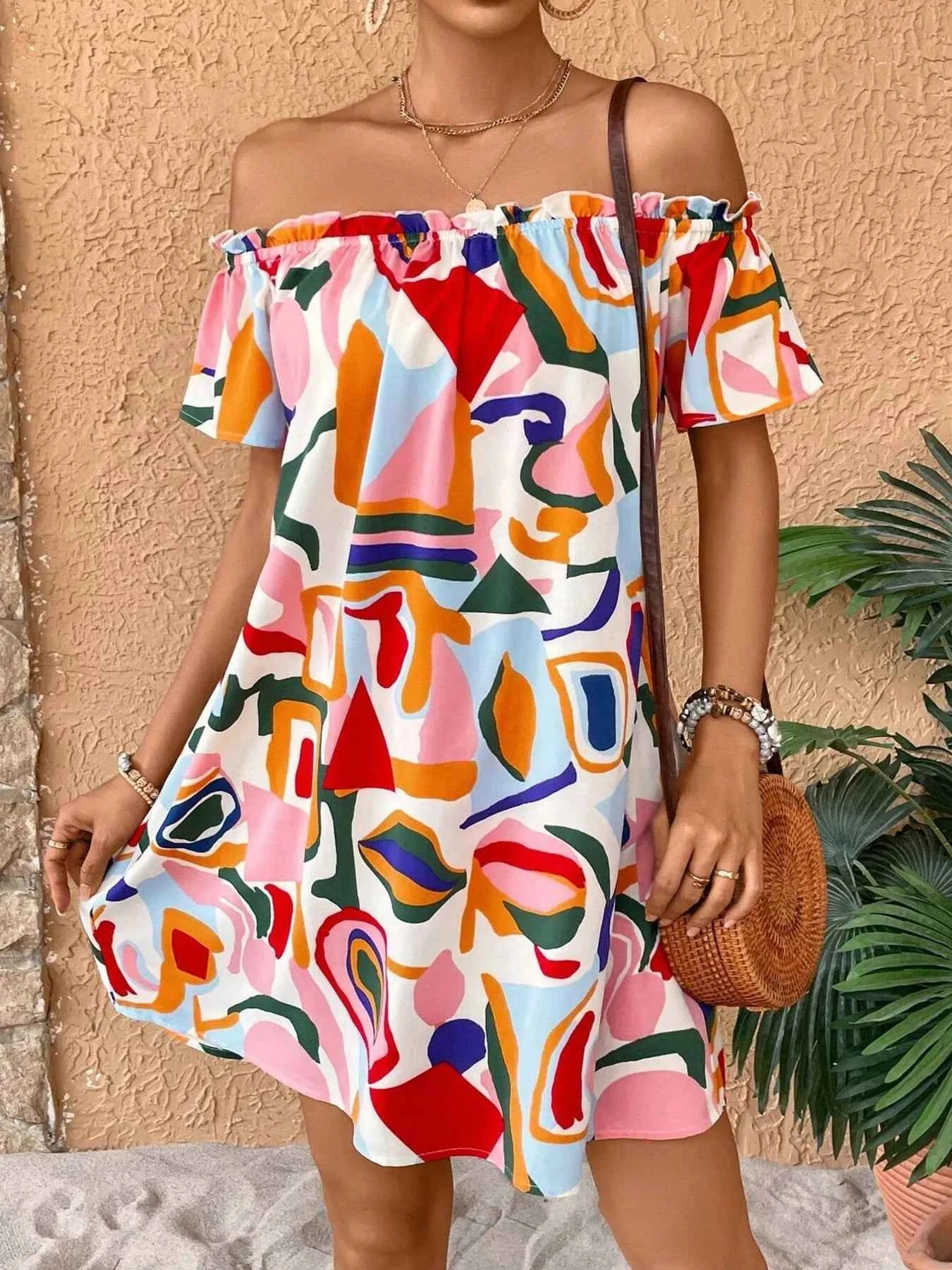 Colorful Abstract Print Off-Shoulder Summer Dress 418282da2653419ea57c959da4d44770-Max-Origin