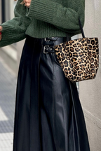 Black Faux Leather Retro Buckle Detail Pleated Stitch Flared Midi Skirt 4189bb43bff4b7fe