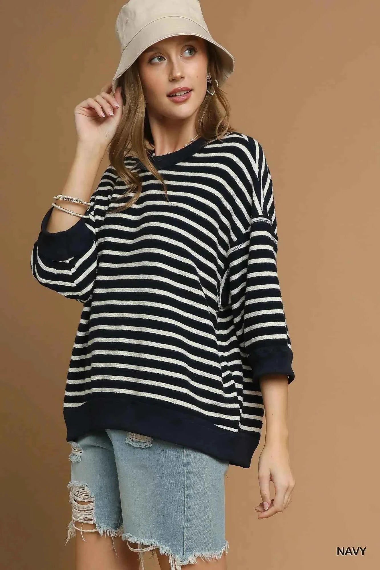 Ribbed Hem Striped Oversized Knit Top Navy 418b3022-5900-46d1-b155-6d8ed9b89457-Max-Origin