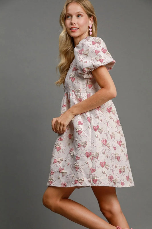 Heart Jacquard Square Neck Puff Sleeve Mini Dress 418ecfa7-4fb8-40b1-9929-a4db5e58539c-Max