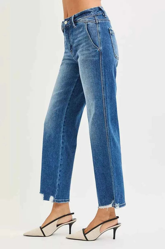 High Rise Ankle Straight Distressed Hem Detail Jeans 418f263416d043a28530147f345e8ee7-Max-Origin