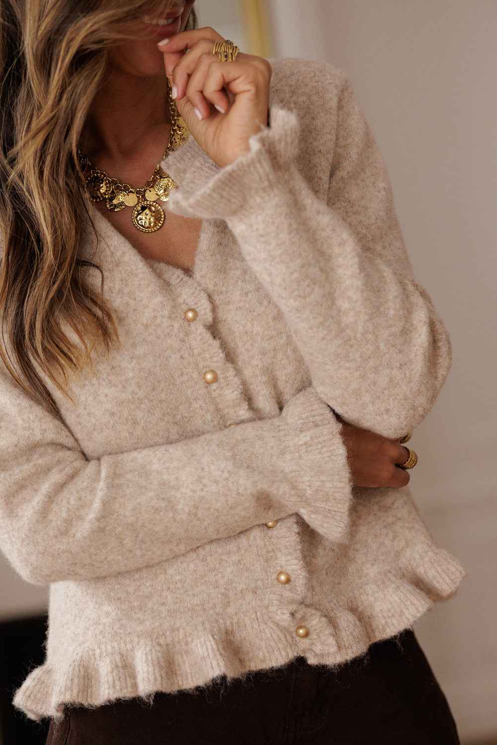 Oatmeal Ruffle Trim Gold Button Sweater Cardigan 41939d1014138d76