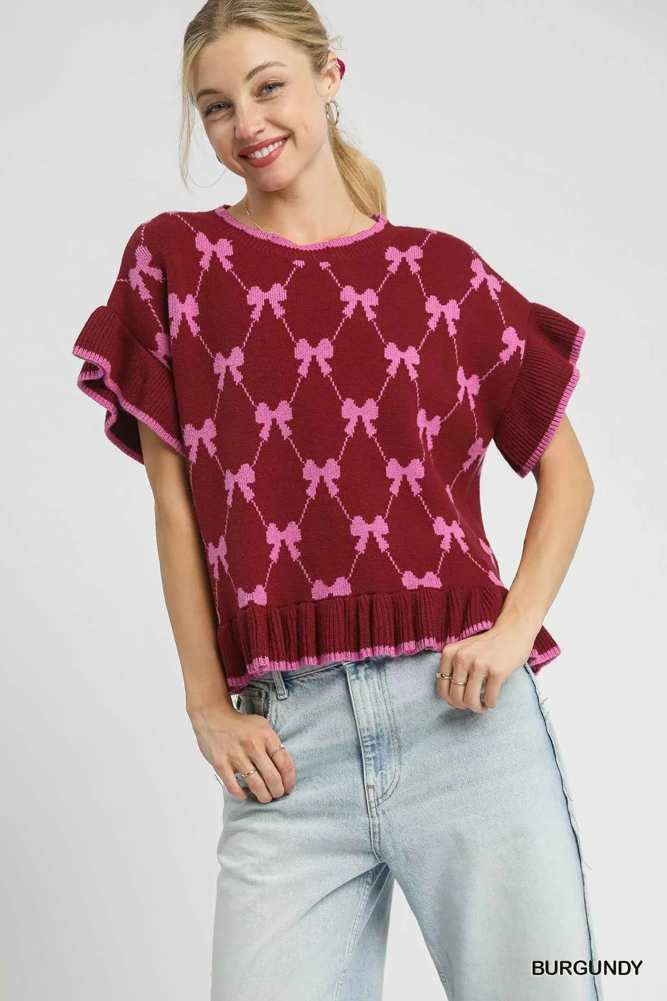 Umgee Bow Knit Ruffle Sleeve Sweater