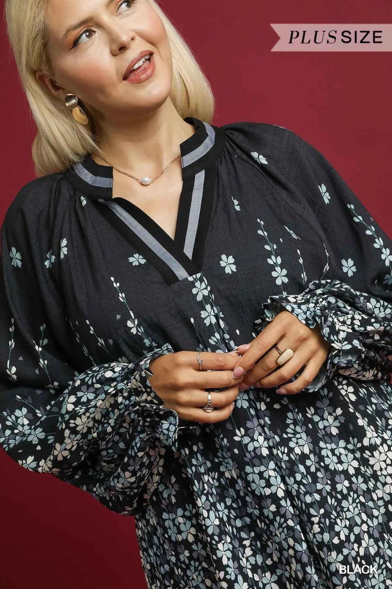 Umgee Full Size Floral Vine Print Blouse with Balloon Sleeves Plus Size 41a57ac3-baef-46e9-ab4f-7816e2d0ef2d-Max-Origin