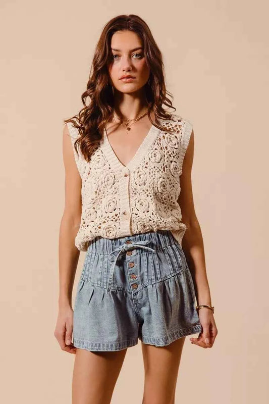 Flared Denim Shorts with Elasticized Waist 41aad205d0a94f28b72e0fe018c75231-Max-Origin
