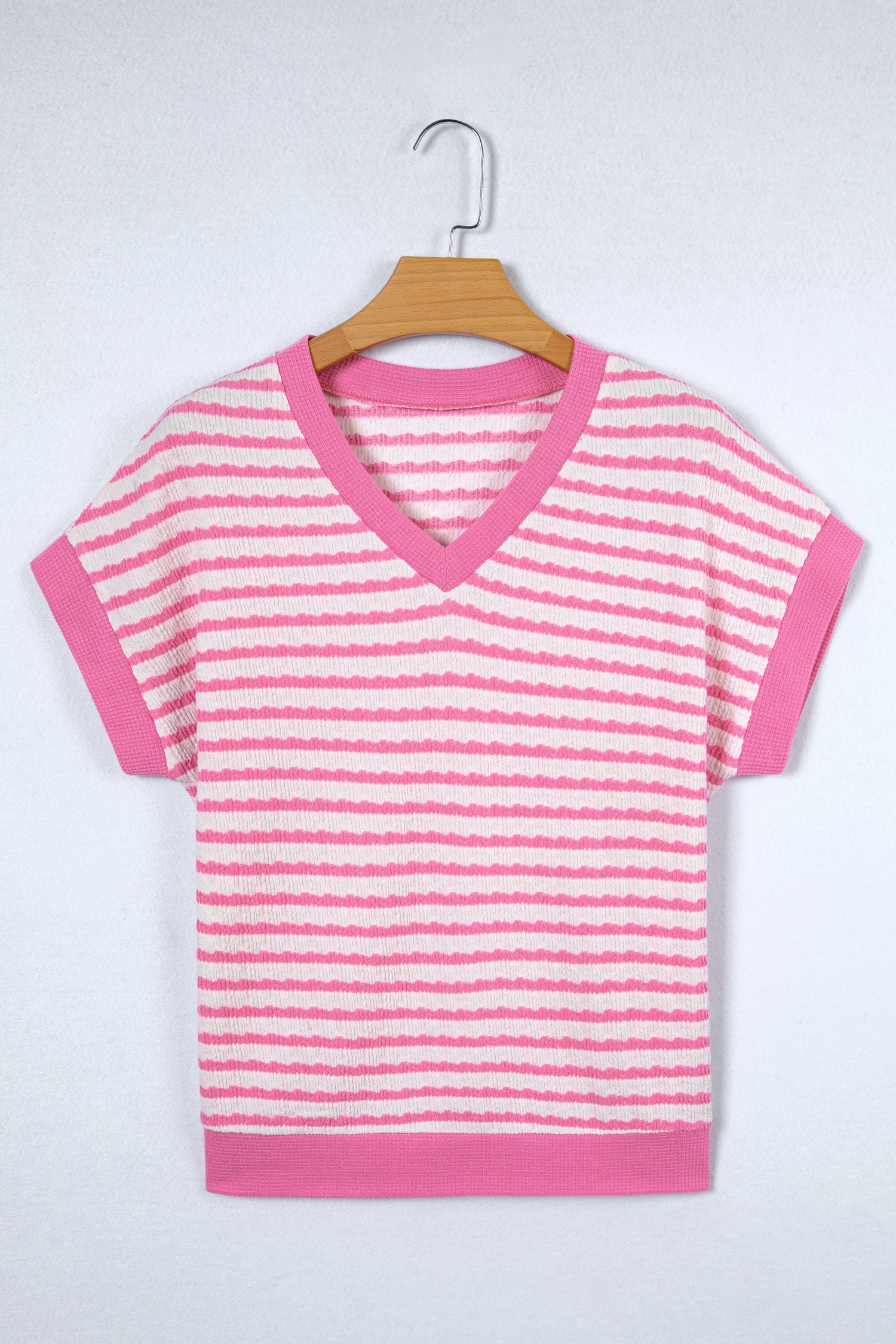 Pink Stripe Textured Knit Contrast Trim V Neck Short Sleeve Top 41aca35a42330c10