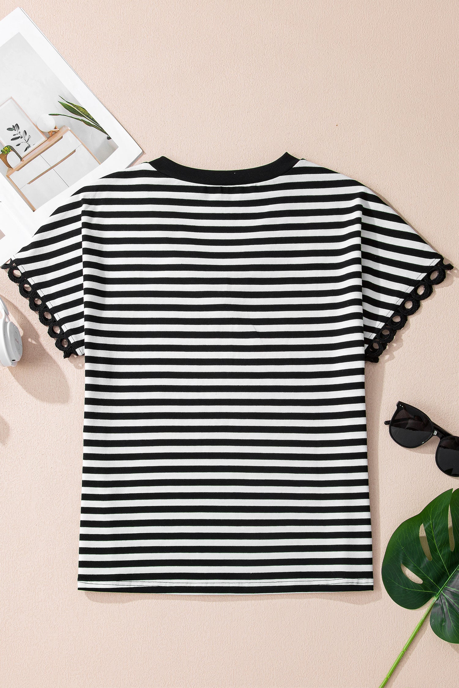 Black Striped Print V Neck Delicate Trim Casual Tee 41b625cf2ce1fce9