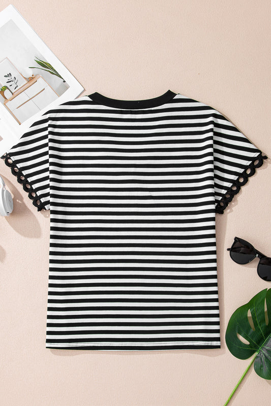 Black Striped Print V Neck Delicate Trim Casual Tee 41b625cf2ce1fce9